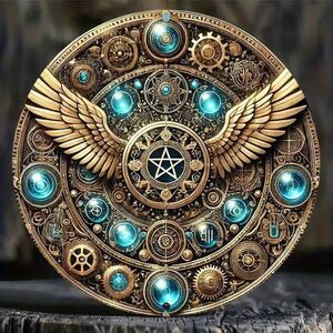 8×8 Inch Golden Metal Wall Art, Vintage Steampunk Design with Glowing Blue Orbs